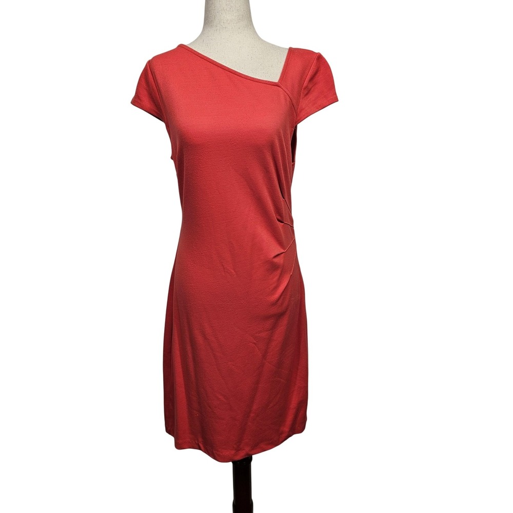 Ann Taylor Dress Womens 6 Asymmetrical Short Sleeve Ruched Stretch Classic Red